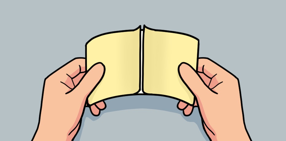 ステップ2：ラベルを軽く曲げ、剥離紙の切れ目を出す